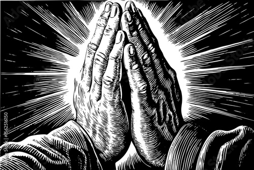 pair of clasped hands in prayer with rays of light behind, suited for faith-based logos, religious prints or inner forearm tattoos a black and white line art illustration