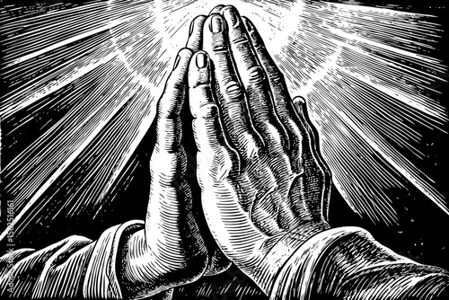 pair of clasped hands in prayer with rays of light behind, suited for faith-based logos, religious prints or inner forearm tattoos a black and white line art illustration