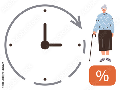 Elderly woman standing beside a large clock and percentage symbol implies time, aging, pension, or financial savings for retirees. Ideal for retirement, aging, finance, time, insurance healthcare