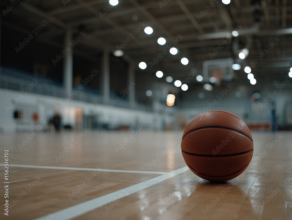 Naklejka premium A single worn basketball resting on a clean hardwood court, positioned slightly off-center under a moody overhead spotlight