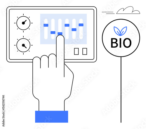 Hand operates control panel with dials and sliders, next to a bio label with leaf icon. Ideal for sustainability, eco-tech, environment, innovation, biotechnology, green energy science. A simple