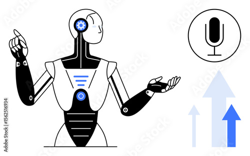 Futuristic robot with mechanical components gestures toward a microphone icon and upward-pointing arrows. Ideal for AI, voice tech, automation, robotics, innovation, tech education, simple landing