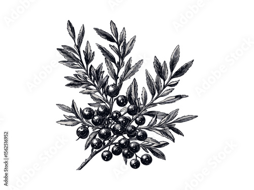 Yew Tree Berries vintage engraving, hand-drawn yew branches, old black sketch, retro botanical illustration, nature tree art, eco-friendly seasonal decor, trendy woodland design
