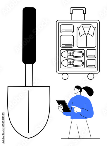 Woman holding tablet, suitcase packed with organized essentials, and gardening shovel. Ideal for travel, planning, organization, gardening, lifestyle, productivity and a simple landing page