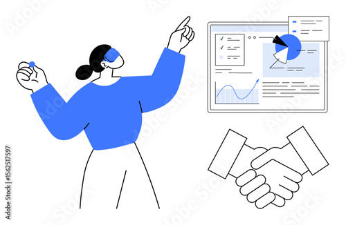 Confident presenter gestures toward interactive data graphs. Includes handshake and business elements. Ideal for teamwork, leadership, collaboration, data analysis, business growth, marketing, simple