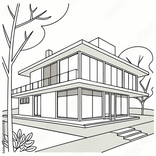 vector art of a modern two story house with large sketch of a house