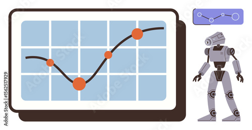 Robot stands by chart illustrating upward trajectory of data points on a grid. Ideal for technology, innovation, data analysis, robotics, progress tracking, AI advancements, simple flat metaphor