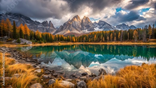 Majestic Alpine Landscape with Golden Trees and Mountain Reflections