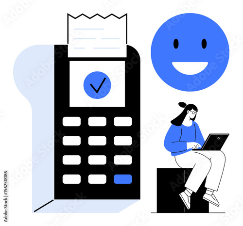 Card reader with receipt and checkmark, smiling face icon, woman using laptop. Ideal for payment processing, online shopping, e-commerce, financial services, technology, customer satisfaction simple
