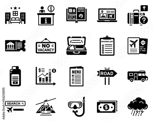 Vector icons for planning travel, showing essentials and activities