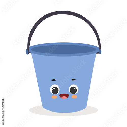 Cute kawaii blue bucket with smiling face – cartoon object vector for kids 

