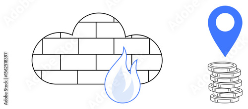 Cloud-shaped brick firewall, blue flame, map pointer, and coin stack representing cloud security, data management, resource location, and budgeting. Ideal for IT, technology finance cloud