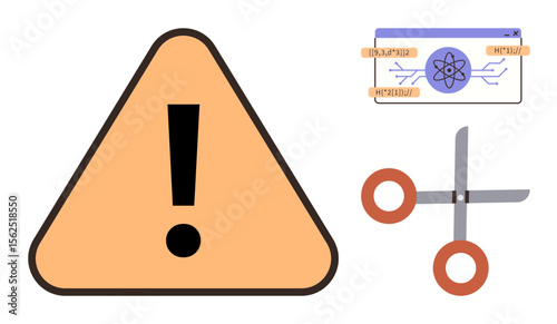 Warning triangle emphasizes caution, paired with scientific diagram and scissors representing innovation, problem-solving, and precision. Ideal for science, safety, warning, hazard, education