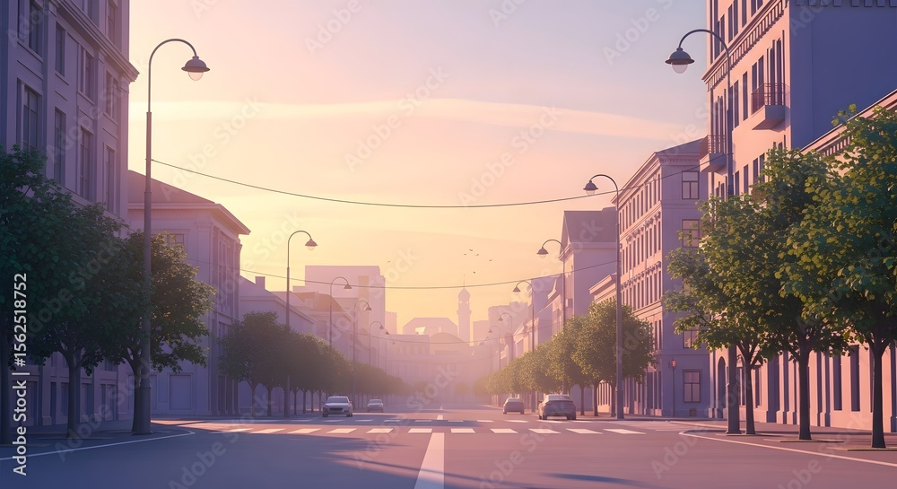 Fototapeta premium Pixelated street scene at sunrise with buildings trees and cars evoking a sense of tranquility and digital artistry. The city landscape captures a peaceful early morning vibe.