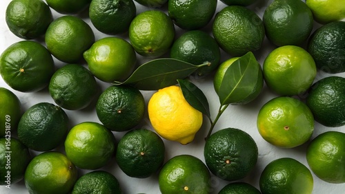 One Yellow Lemon Among Green Limes – Fresh Fruit Top View