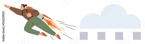 Person equipped with jetpack propelling forward toward a stylized cloud. Ideal for innovation, progress, ambition, success, technology, determination, cloud computing. Simple flat metaphor
