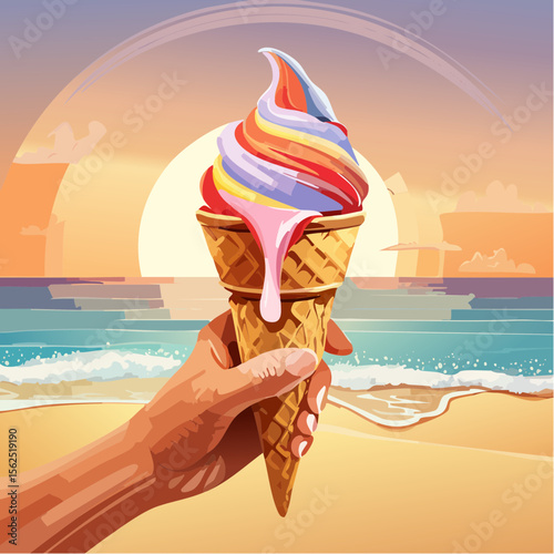 Colorful ice cream cone held in hand against a vibrant sunset at the beach, with waves gently lapping at the shore, creating a joyful summer atmosphere