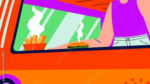 Vibrant street food scene featuring colorful food truck, delicious burger, crispy fries, and steaming hot snacks, capturing the essence of summer festival atmosphere and culinary delights