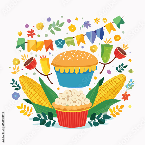 Colorful illustration of traditional Festa Junina elements featuring corn, popcorn, and festive decorations, celebrating cultural heritage and joyful gatherings in June festivities
