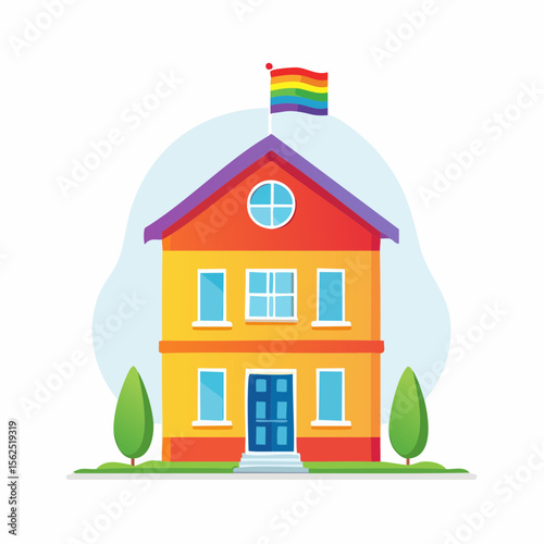 Colorful house illustration with rainbow flag waving proudly on top, surrounded by green trees and a bright blue sky, symbolizing inclusivity and celebration during Pride Month