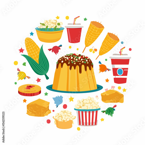 Colorful illustration of traditional Festa Junina foods including popcorn, corn, sweet treats, and drinks, arranged in a festive circular pattern celebrating cultural heritage and joyful gatherings