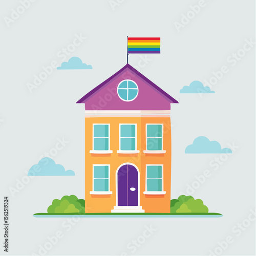 Colorful house illustration with a rainbow flag waving proudly on the roof, surrounded by green bushes and a bright sky, symbolizing pride and inclusivity in a vibrant community