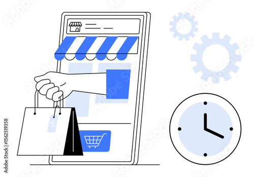 Smartphone storefront with a hand holding shopping bags, gears symbolizing process, and clock indicating time. Ideal for e-commerce, efficiency, convenience, retail, logistics, time management