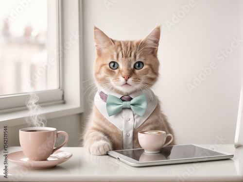 funny cat drinking tea in cup at home