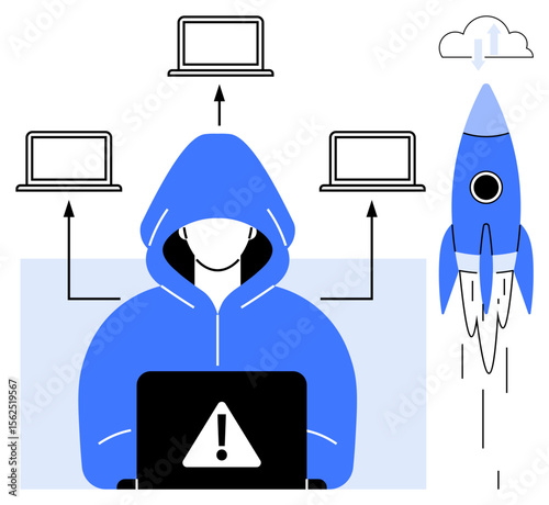 Hacker in a hoodie at a laptop with a warning icon, surrounded by connected laptops and a rocket heading to the cloud. Ideal for data security, hacking, technology risk, cybercrime, fraud warning