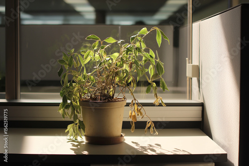 Office plant slowly withering in a neglected cubicle, metaphor of burnout
