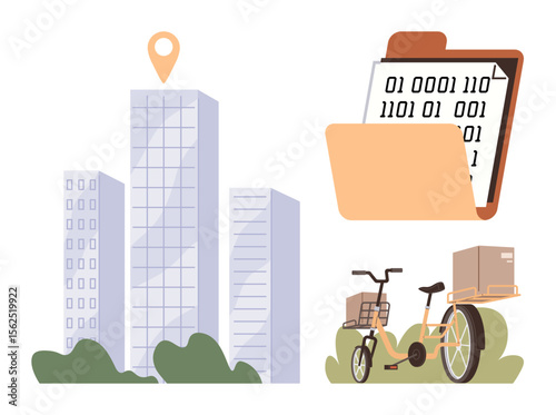 Office buildings with a location pin, digital data folder, and a cargo bike carrying packages. Ideal for urban logistics, delivery systems, smart cities, technology, organization, eco-transport
