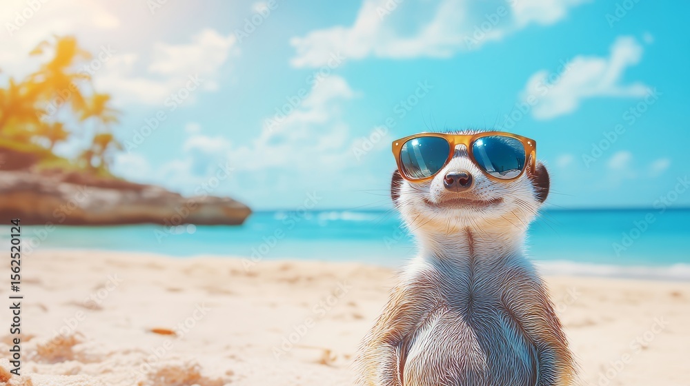Obraz premium The idea of a meerkat with glasses sunbathing on the beach is a concept that symbolizes vacation enjoyment