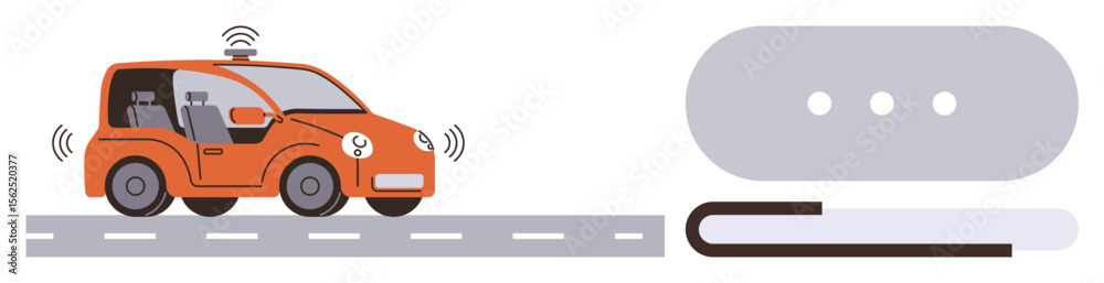 Naklejka premium Compact driverless car on a roadway with active sensors and communication icons, depicting future mobility. Ideal for transportation, innovation, AI, automation, technology, mobility, and sustainable
