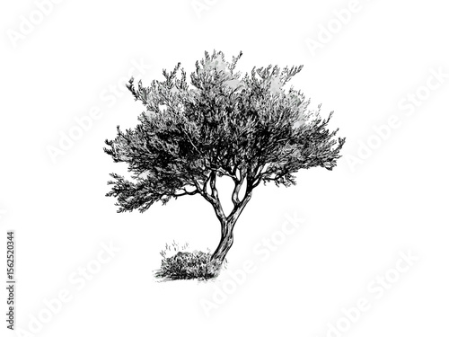 Vintage black sketch of desert mesquite tree, hand-drawn rustic illustration, mesquite leaves, eco home wall art, woodland decor, old etching style, botanical desert tree print