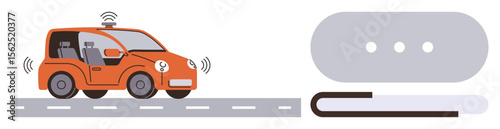 Compact driverless car on a roadway with active sensors and communication icons, depicting future mobility. Ideal for transportation, innovation, AI, automation, technology, mobility, and sustainable