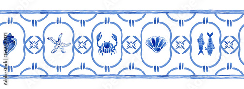 Watercolor seamless border hand painted with sea life elements (shells, crabs, fish, starfish), fashion pattern