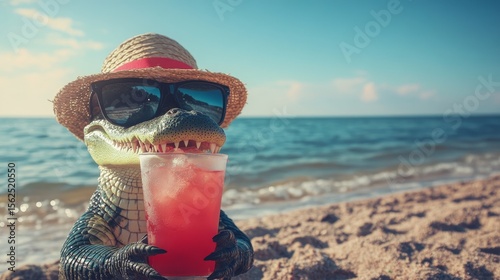 In the picture, a cocktail is visible in front of a beach scene by the sea, where a crocodile is wearing a hat