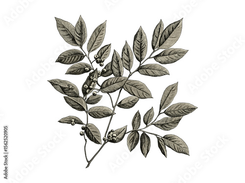 Vintage Mountain Ash Tree Engraving, hand-drawn botanical sketch, retro ash leaves, eco-friendly black tree print, old woodland art style, rustic forest decor, nature wall art