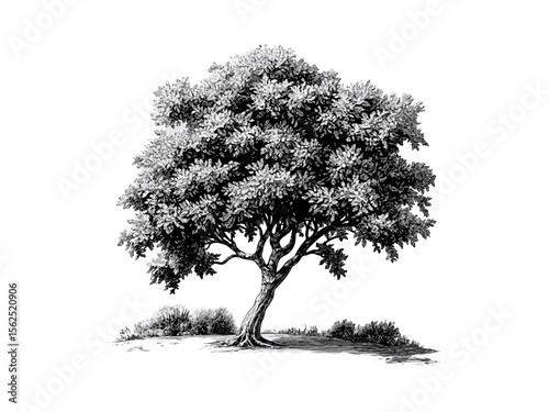 Hand-drawn vintage illustration of Mesquite Tree, rustic tree art, eco-friendly print, black woodland sketch, nature decor, desert plant artwork, old engraving style, ink tree drawing