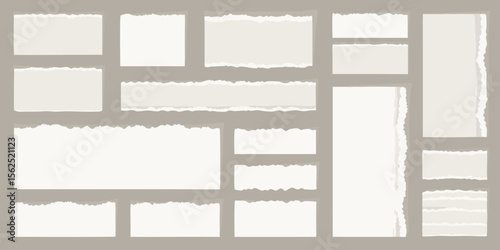 Big set of white torn paper sheet, ripped newspaper strip, retro texture background, text message banner, sticky note and grunge notebook page collage with uneven edge and realistic shadow. Torn paper