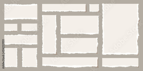 Big set of white torn paper sheet, ripped newspaper strip, retro texture background, text message banner, sticky note and grunge notebook page collage with uneven edge and realistic shadow. Torn paper