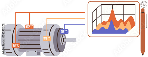 Industrial motor with heat sensors displaying temperature readings, connected to a data graph for analysis. Ideal for engineering, automation, diagnostics, monitoring, analytics, research, simple