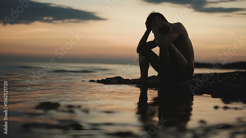 A cinematic image of a young man sitting alone on a rocky shore, his hands gripping his head as if trying to hold onto his fading sanity