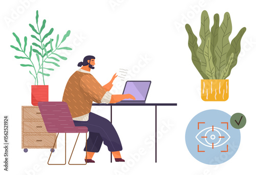 Person typing at desk, surrounded by indoor plants, highlighting focus, productivity, balance, and task completion. Ideal for office work, mindfulness, concentration analysis productivity tips