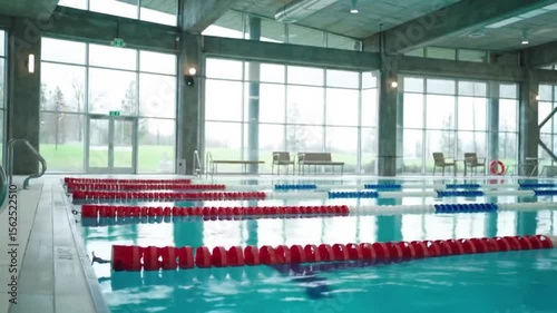 Olympic-size pool with blue water ready for sports or training
