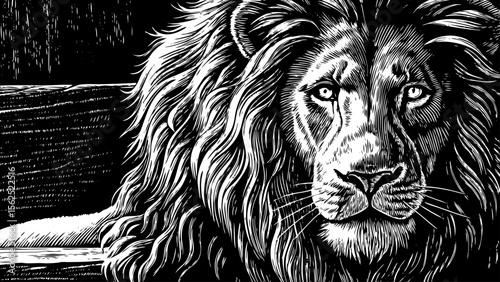 lion with a flowing mane staring forward, perfect for branding, power-themed art or symbolic tattoo designs a black and white line art illustration