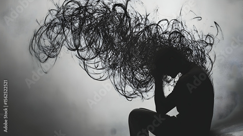 A black and white conceptual artwork of a man sitting with his head in his hands, surrounded by chaotic, swirling scribbles that represent his overwhelming thoughts.