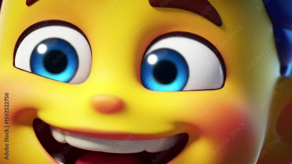 3D cartoon emoji face with blue eyes looking above
