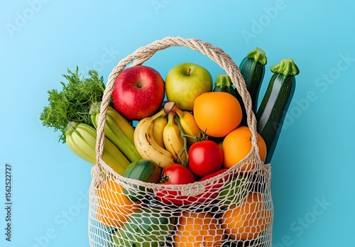 Vibrant assortment of fresh fruits and vegetables in reusable mesh bag