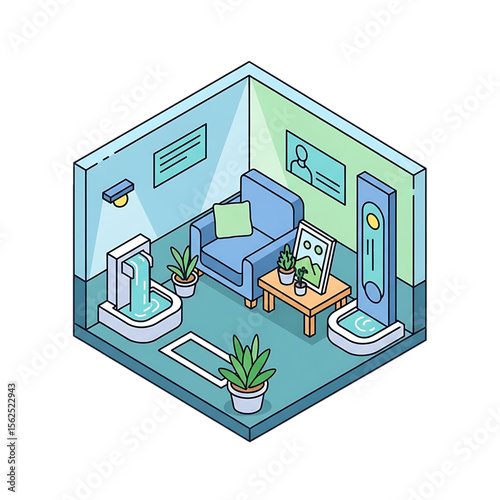 Telemedicine room setup with screen and diagnostics tools.
